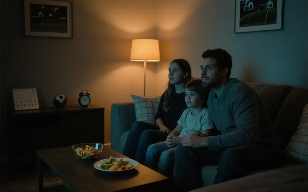 亲子家庭在客厅观赛：日历与闹钟提醒、温暖灯光、轻食摆盘